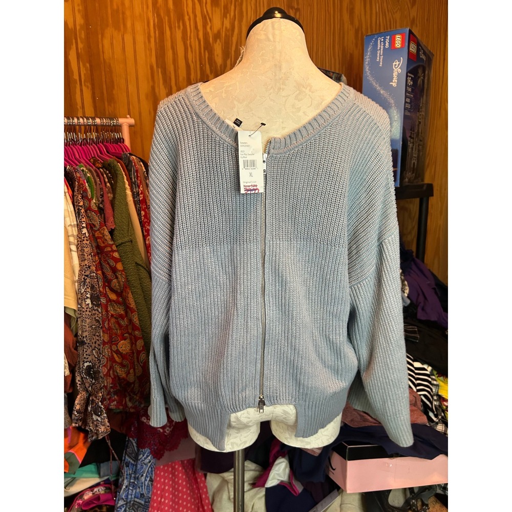 Cabi Fair Play Sweater Icy Blue Ribbed Knit Back Zip 3522 XL NWT Reversible - Picture 6 of 12